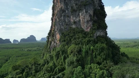 Aerial Drone Flying Around Limestone Karst Mountain in Phang Nga, Thailand Stock Footage 334623089
