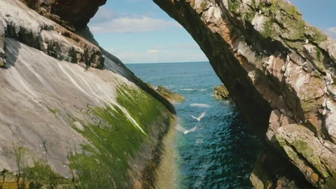 Aerial Drone Flying Backwards From A Rock Outcrop, Seagulls Chasing Stock Footage