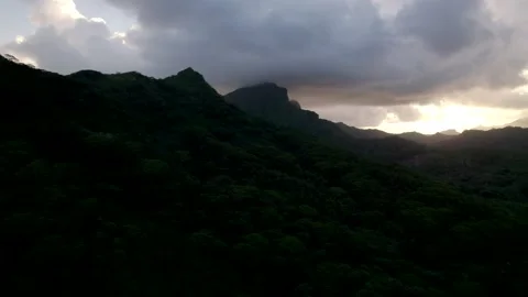 Aerial Drone Flying Up during Cloudy Sunset of green Vegetation of Raiatea 10Bit Stock Footage 171605765