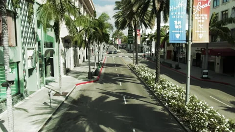 Aerial: Drone Flying Forward Over Rodeo Drive With Palm Trees Amidst Buildings Stock Footage 152916175