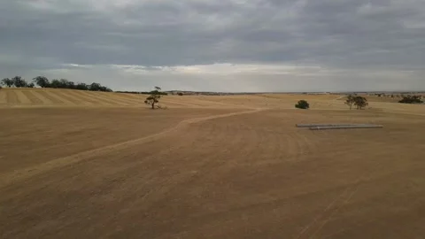 Aerial Drone Flying Forward Over Dry Drought Yellow Farmland in Rural Area Vídeo Stock 328143393