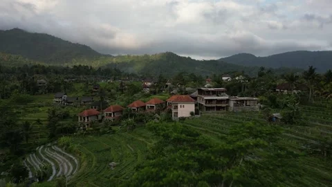 Aerial Drone Flying Forward Over Resort Area Over River and Green Field in Bali 库存影片 332462710