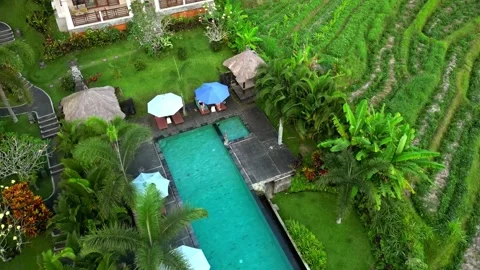 Aerial Drone Flying Forward Over Resort Area Over River and Green Field in Bali 库存影片 332463122