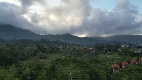 Aerial Drone Flying Forward Over Resort Area Over River and Green Field in Bali Stock Footage 332463414