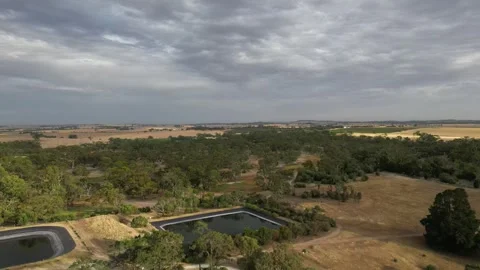Aerial Drone Flying Forward Over Dry Drought Yellow Farmland in Rural Area Stock Footage 333370922
