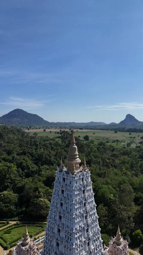 Aerial Drone Flying Over Buddhist Temple Pagoda in Pattaya, Thailand Video stock 335840865