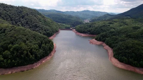 Aerial Drone Flying Over Dry Dam / Climate Change Видео 201106366
