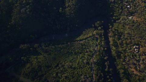 Aerial drone flying over lush green forest and river Stockbeeldmateriaal 334775012