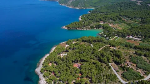 Aerial drone flying over mina beach jelsa in croatia Stockbeeldmateriaal 340182103