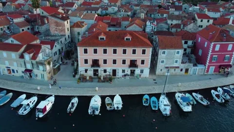 Aerial drone flying over stari grad town harbor in hvar, croatia Stockbeeldmateriaal 339847696