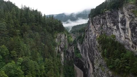 Aerial drone flying through deep mountain canyon in switzerland Stock Footage 317302671