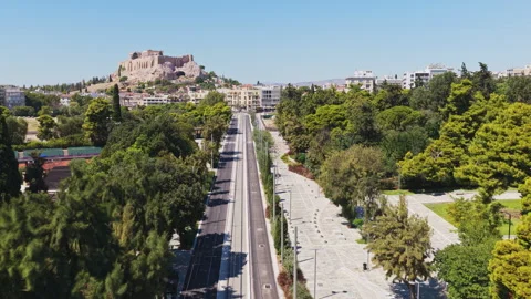 Aerial drone flying towards the ancient Acropolis of Athens, Greece Stock Footage 345408670