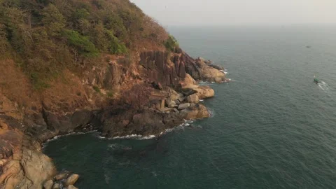 Aerial Drone Flyover Along Goa Coastline With Ocean Waves Stock Footage 337482499