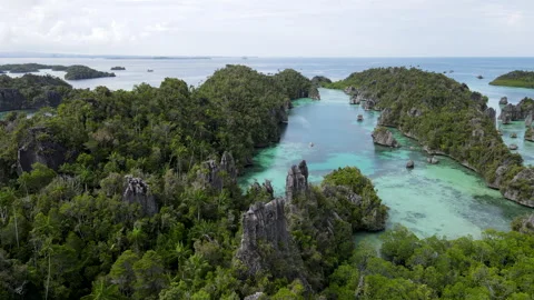 Aerial Drone Flyover of Karst Cliffs and Turquoise Lagoon, Raja Ampat Vídeo Stock 329637311