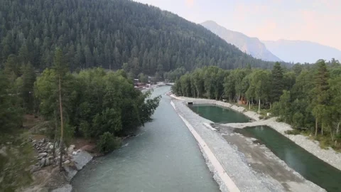 Aerial drone flyover, mountain river and ponds Stock Footage 337408209