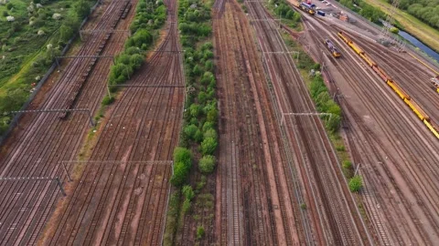 Aerial Drone Flyover Multiple Railway Tracks Infrastructure Stock-Footage 334008748