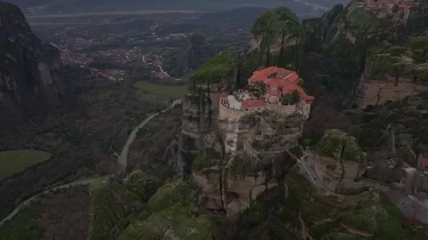 Aerial Drone Flyover of Varlaam Monastery and Great Meteoron in Meteora Stock-Footage 344190633