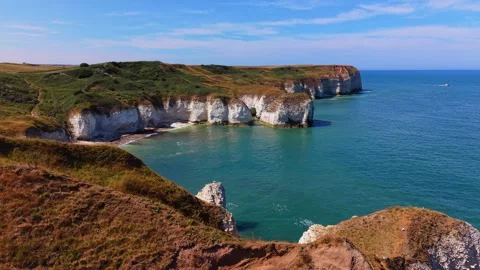 Aerial Drone Flyover of White Chalk Cliffs at Flamborough Head Stock Footage 342215797