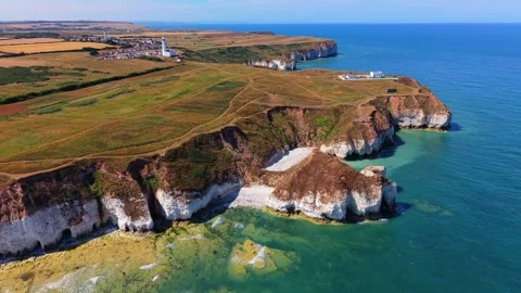 Aerial Drone Flyover of White Chalk Cliffs at Flamborough Head Stock Footage 342215844