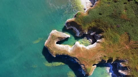 Aerial Drone Flyover of White Chalk Cliffs at Flamborough Head Stock Footage 342215856