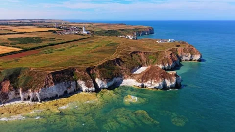 Aerial Drone Flyover of White Chalk Cliffs at Flamborough Head Stock Footage 342215933