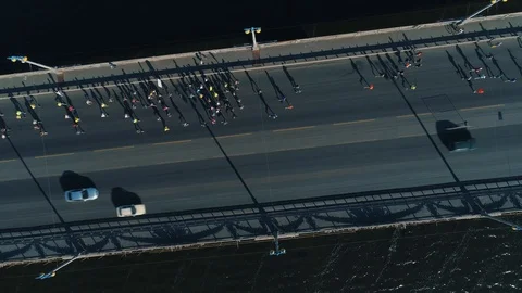 Aerial Drone Fooage. Marathon Running On The Bridge. Top view Stock Footage 96312957