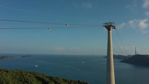 Aerial drone footage backing up through cable car with two cars approaching one Stock Footage 124366146
