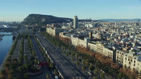 Aerial drone footage of Barcelona embankment, port for luxury yachts Stock Footage