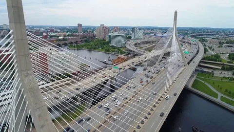Aerial drone footage Boston Massachusetts Zakim Bridge 4k 60p Stock Footage