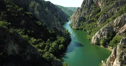 Aerial drone footage of canyon lake, Matka Canyon Stock Footage
