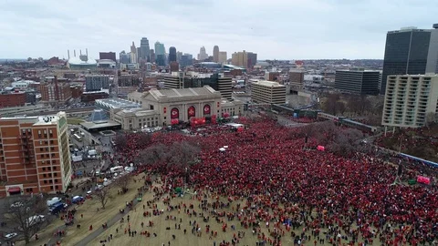 Aerial Drone Footage Of Chiefs Super Bowl Parade In Kansas City Stock Footage