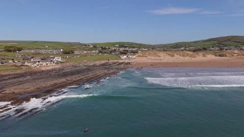 Aerial drone footage of Croyde Beach in North Devon, England Stock Footage 333528124