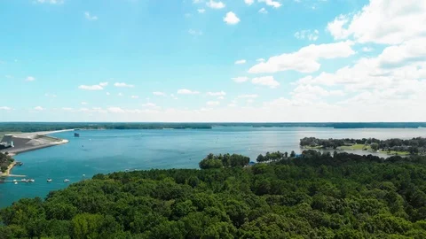 Aerial drone footage of the dam and the lake in Lake Murray, South Stock Footage