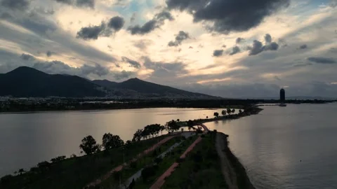 Aerial Drone Footage of Dramatic Cloudy Sunset Stock Footage 320454659