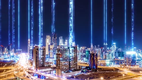Aerial Drone Footage At Dusk Panoramic Skyline Of Metropolitan City Futuristic Stock-Footage 134038596