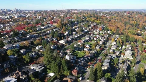Aerial / drone footage of East side of Seattle in fall foliage, the I-90 Stock Footage