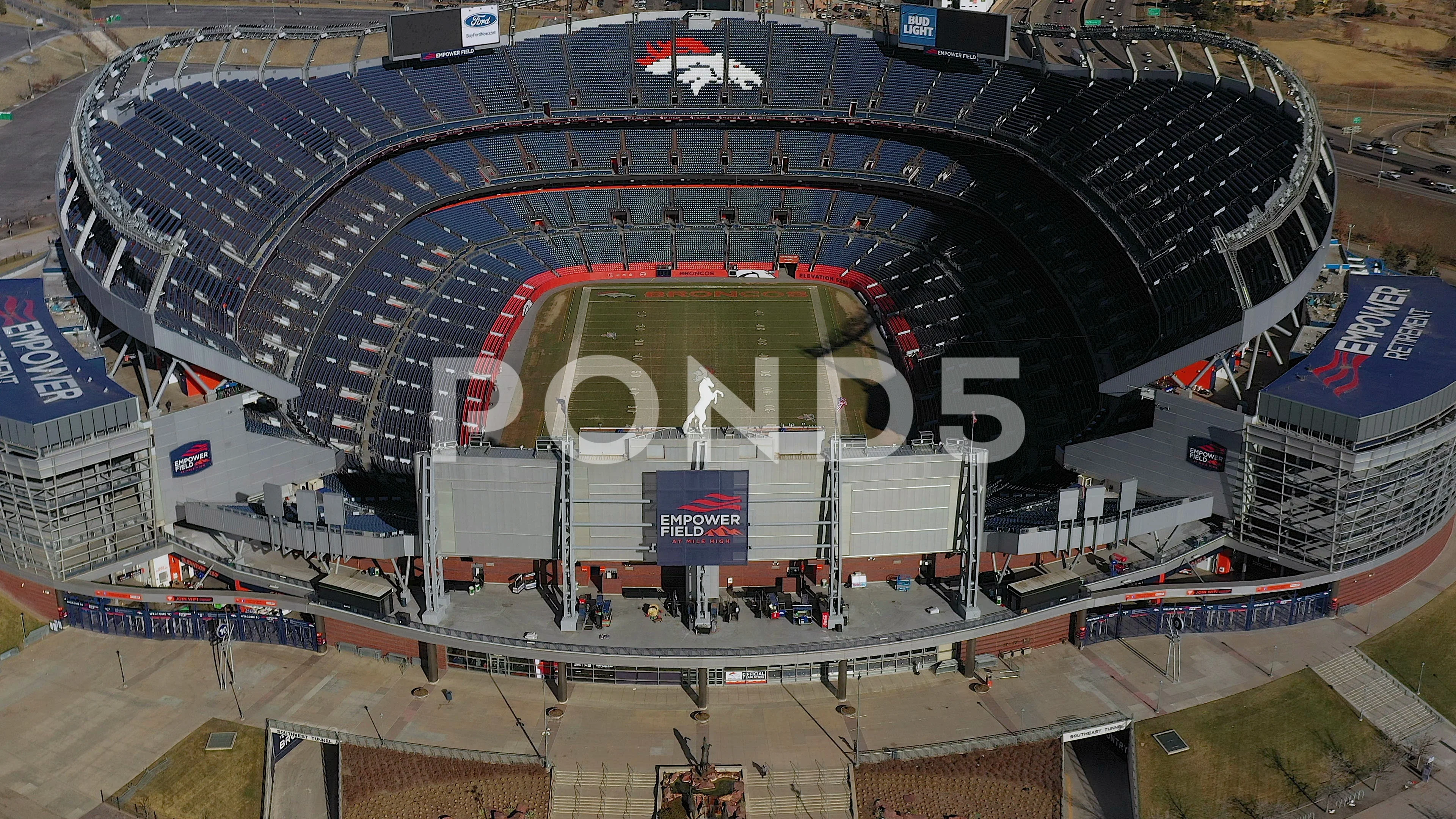 Broncos Horse Empower Field at Mile High Stadium Snow Aerial 