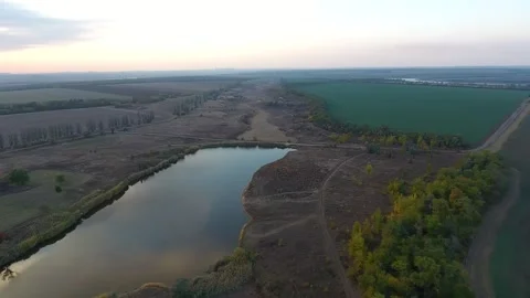Aerial Drone Footage of Fields and River in Ukrainian Countryside Stock Footage 317389732