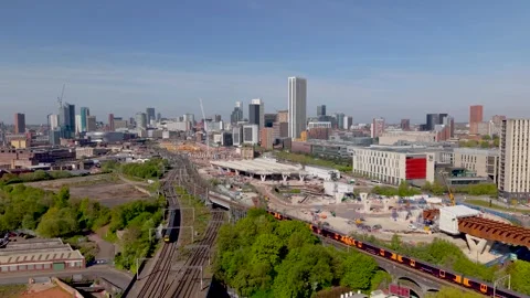 Aerial drone footage of HS2 construction site on Curzon Street in Birmingham UK Stock Footage 333594094