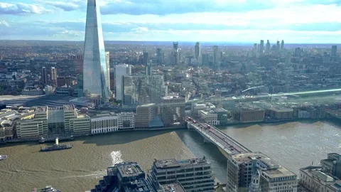 Aerial drone footage of London Cityscape, River Thames,Bridge and Shard of Stock Footage