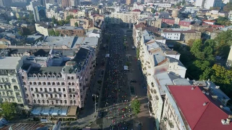 Aerial drone footage. Marathon On Kyiv Streets. Stock-Footage 166324007