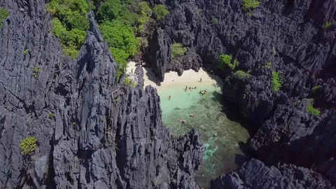Aerial drone footage over Secret Beach in El Nido, Palawan Philippines Stock Footage