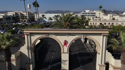 Aerial Drone Footage of Paramount Studios Entrance Gate Los Angeles 10/10/2024 Stock Footage 288160479