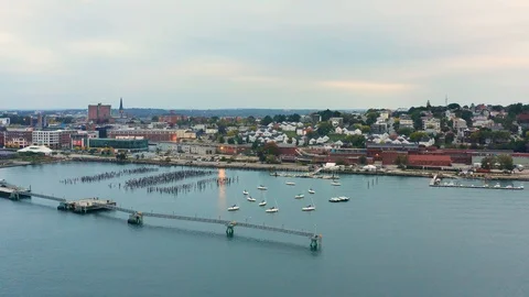 Aerial drone footage of the Portland, Maine waterfront Stock Footage