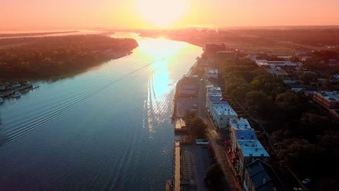 Aerial drone footage of River Street in Savannah, Georgia Stock Footage