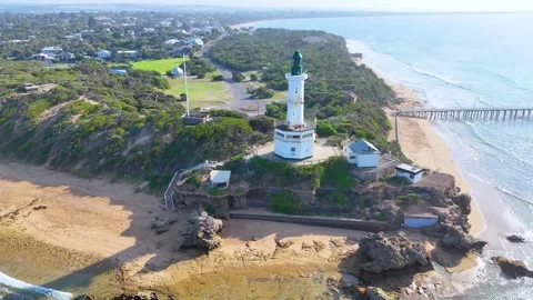 Aerial drone footage showing split point lighthouse and fairhaven beach in .. Stock Footage 332636500