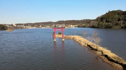 Aerial Drone footage of a Shrine and a lake Stock Footage