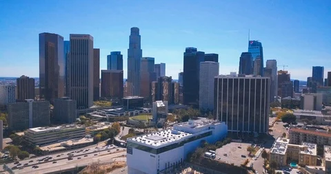 Aerial drone footage of skyline in downtown Los Angeles. Stock Footage