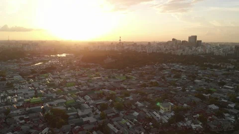 Aerial drone footage of slums in Dhaka during sunset Stock Footage