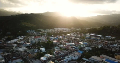 Aerial drone footage of sunset over Adjuntas, Puerto Rico, 4k Stock Footage